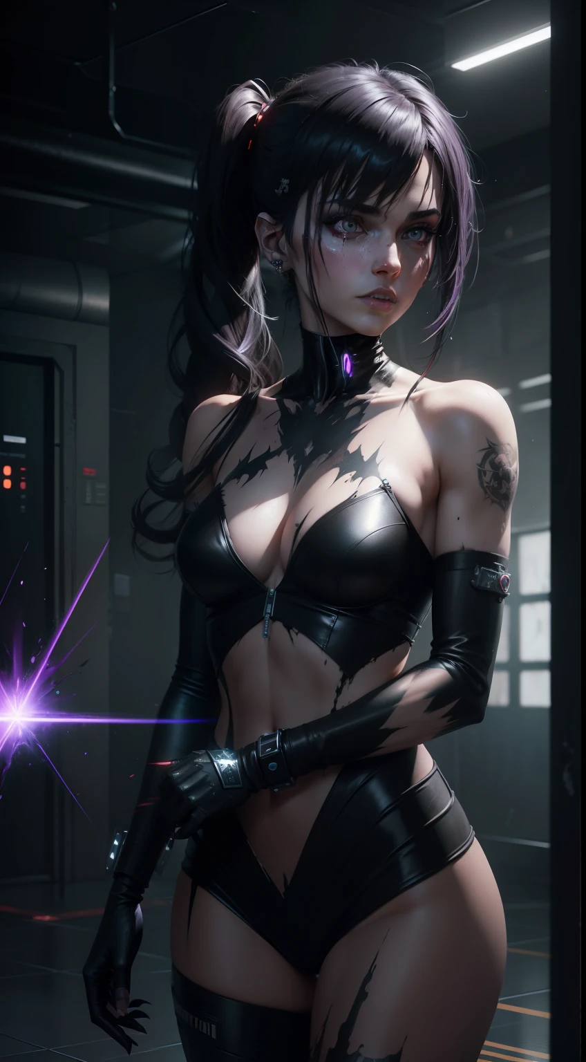 evil retribuition alice, chaotic, Cyber Fairy Grunge, oil painting, upper body shot, textured, Motion blur, tiles, black colors, Medicalcore, laser lighting, Ultra-realistic, highly detailed, PBR materials, Unity engine, volumetric lighting, 8k