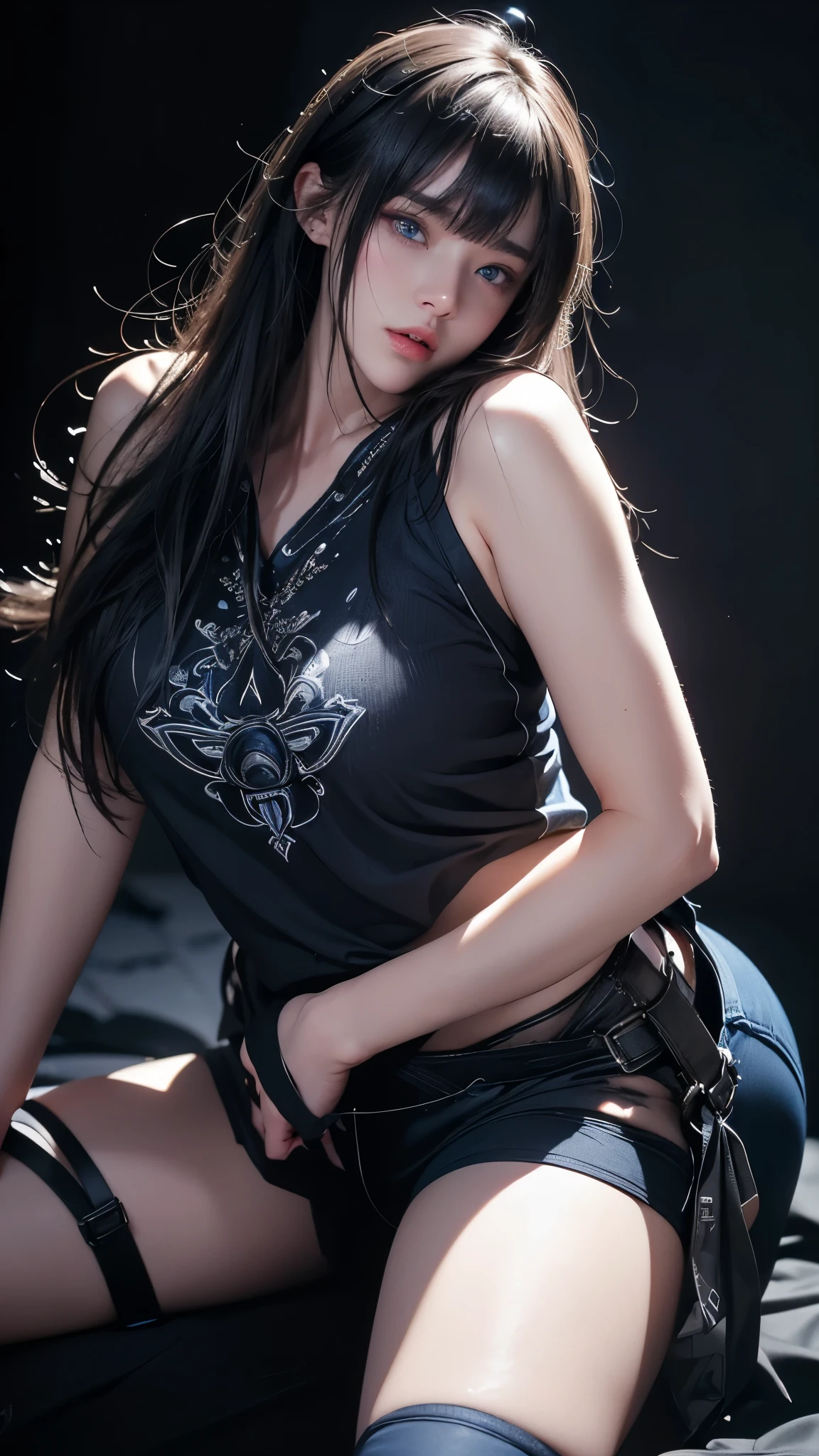 masterpiece, highest quality, Super detailed, Facing the camera, 複雑に詳細なSuper detailed, Realistic, Sharp features, Very detailed, Sharp focus, Perfect Face, Perfect Face, Perfect symmetrical perfect eyes, Perfect Plump Lips, Flexible female form, Cinematic, Film Light, Super detailed, hyper Realistic, masterpiece, Atmospheric, High resolution, Vibrant, Dynamic Studio Lighting, ((Dark Background)), The expression when enduring pleasure, Straight bangs, blue eyes,Sexually aroused expression、Her black thong shorts are visible through the fabric、(((Lean forward with your legs apart))),((Buckshot))