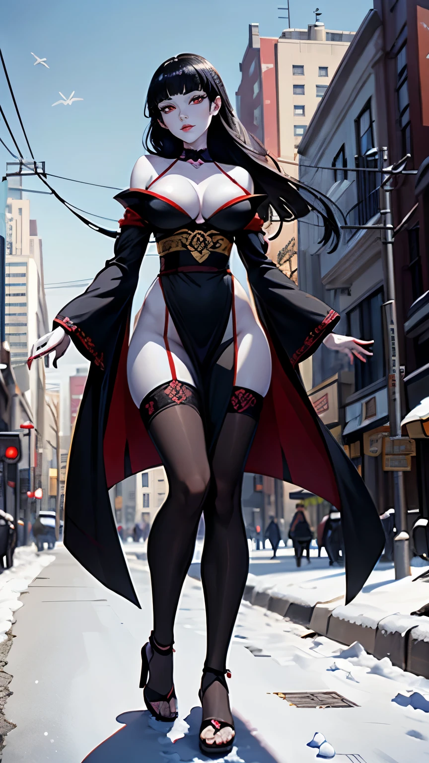 Photo(frontal view, medium distance, low angle) of a woman(full body, beautiful, evil solo, ((snow white skin, smooth skin)), tall, slender, korean facial features(slanted eyes, full cheeks), oval face, red eyes, black hair((((long))), straight, layered, bangs), D cup breasts) levitating above the ground, while maintaining eye contact with the camera with an evil smirk on her face.. She is wearing a revealing black kimono(crimson outlines, golden embroidery). In the background, there can be seen a street of an American metropolis, consumed in a scene of chaos. Masterpiece, best quality, high quality, high resolution, best resolution, maximum detail, beatiful, detailed, correct anatomy, correct face, correct hands, correct body, correct legs, anime, hentai, ecchi
