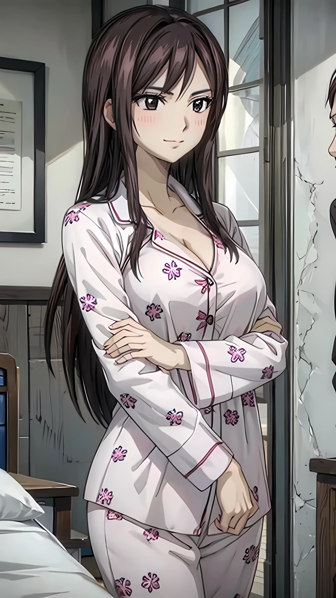 Beautiful busty woman, wearing pajama, long hair , innocent smile blush on