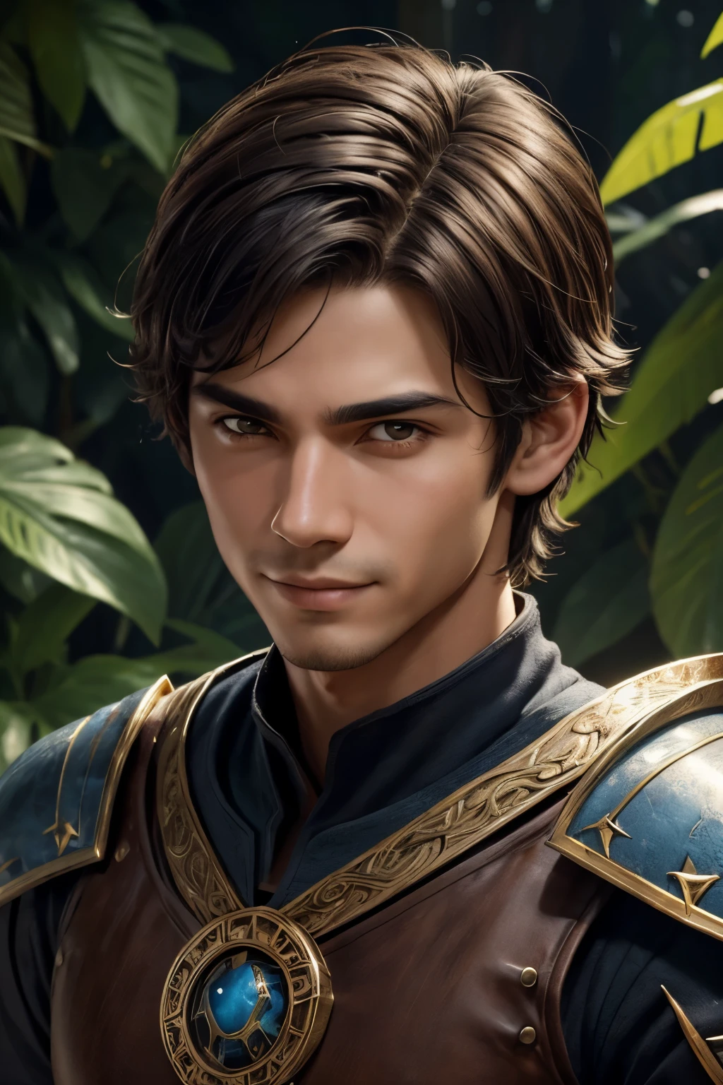 ((High quality)), face detailed, ((fantasy character)), symmetrical face, realistic character, man young character, nature assets, short hair, latin racial traces, happy expression, heroic pose, simple fantasy clothes, no beard, monkey on right shoulder.