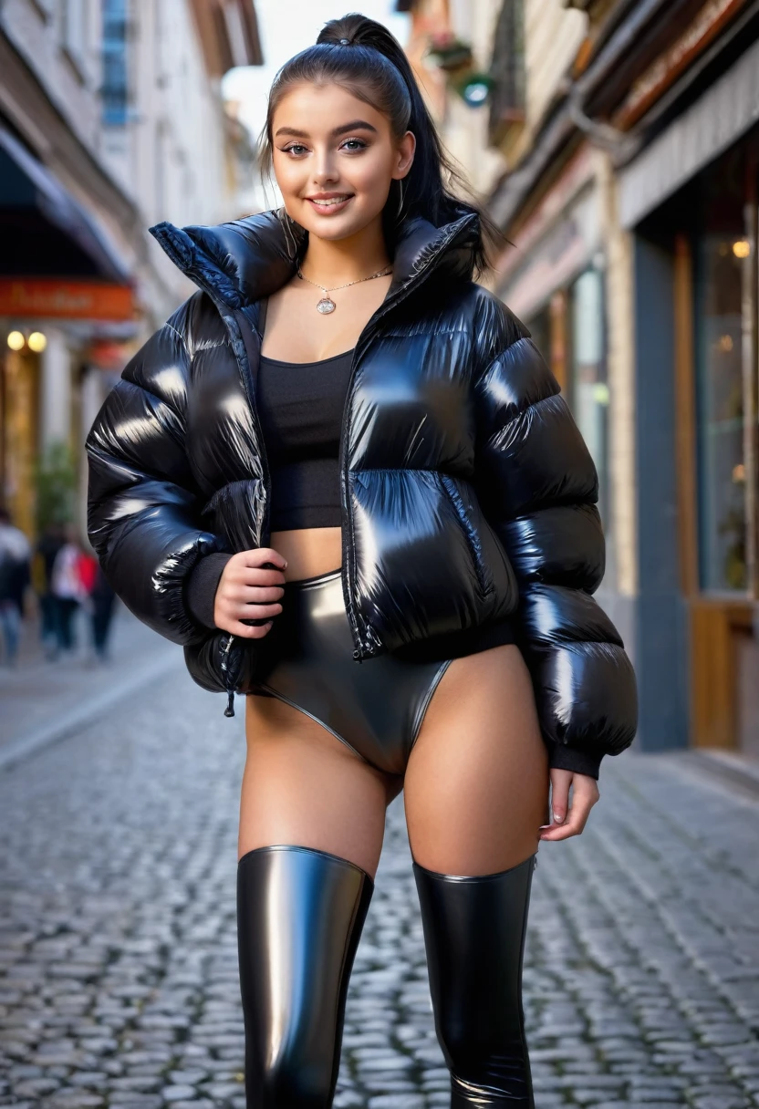 hyperrealistic beautiful busty 18-year-old  girl with long legs wearing glossy black voluminous puffer jacket and shiny see through plastic leggins, model shooting full body photography, raven black hair with long ponytail, dark eye makeup with eyeliner, seductive smile, small necklace, 8K, Best quality, Meisterwerk, ultra high resolution, (Realismus: 1.4), Originalfoto, (realistische Hautstruktur: 1.3), (Filmkorn: 1.3), (Selfie-Winkel), 1 girl, Beautiful round hazel eyes and facial details, Meisterwerk, Best quality, street photography on a sunny day, nsfw with cameltoe
