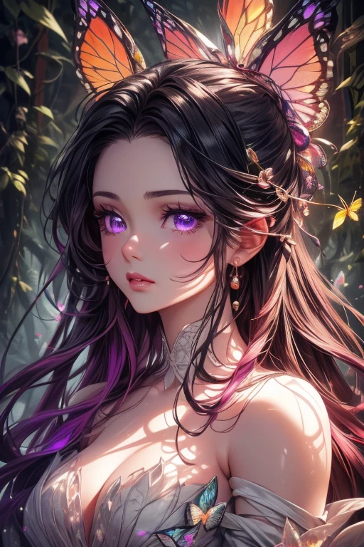 Masterpiece, best quality, best illustration, HDR, beautiful details, intricate details, detailed scenery, dramatic light, best shadow. (tall trees, tranquil streams), (surrounded by small glowing mushrooms), (glowing fireflies), (natural elements), (jungle theme), (twigs and butterflies, delicate leaves), (glow), (particle effects), break Shinobu Kocho, purple hair, long hair with black highlights, purple eyes, parted pink lips, fangs, blush, (beautiful and detailed face with perfect symmetry), bright butterflies landed on her elegant clothes, (body with anatomy perfect, perfect natural texture, high details, glowing skin), cinematic lighting, vivid colors, extremely detailed illustration, depth of field.