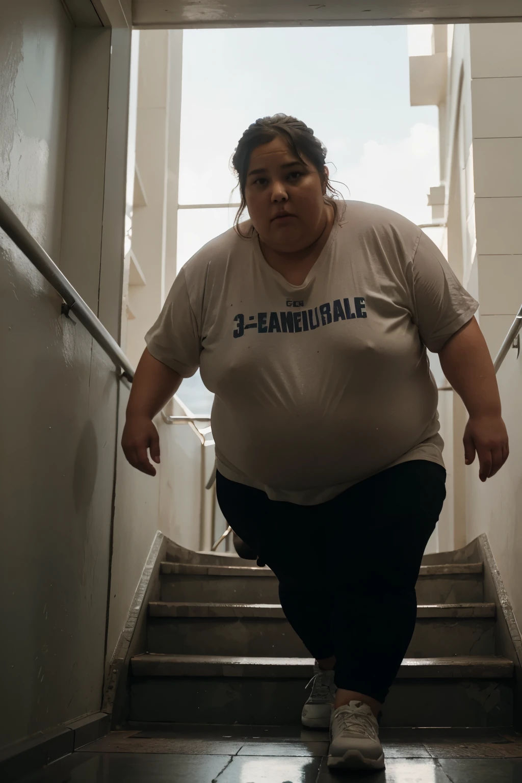 Create the image of an extremely fat, obese, very tired, sweaty and discouraged person from climbing the steps of a long stairs. Image must be realistic, third-person view from outside all floors, cinematic, Lena 35mm, f/1.8, accent lighting, global illumination -- uplight --v4