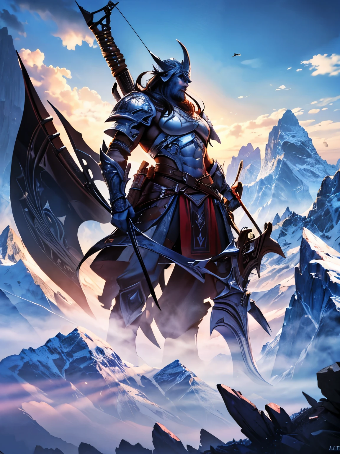 a white orc with a crossbow in bouth hand,quiver on back,leather armor,now-capped mountains in background,clear eyes, looking towards camera,no tusks,(best quality,4k,8k,highres,masterpiece:1.2),ultra-detailed,(realistic,photorealistic,photo-realistic:1.37),stunning landscape,dramatic lighting,cinematic composition,intricate details,fantasy,digital painting