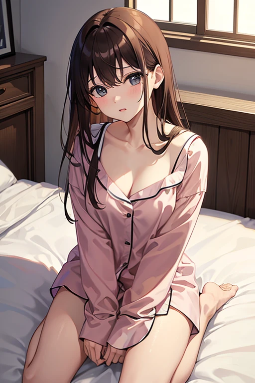 masterpiece, highest quality, High resolution，Anime Style、Brown Hair、long、Sit on the bed、Looks sleepy、Droopy eyes、Yawn、Open the front of your pajamas, which have a very deep neckline