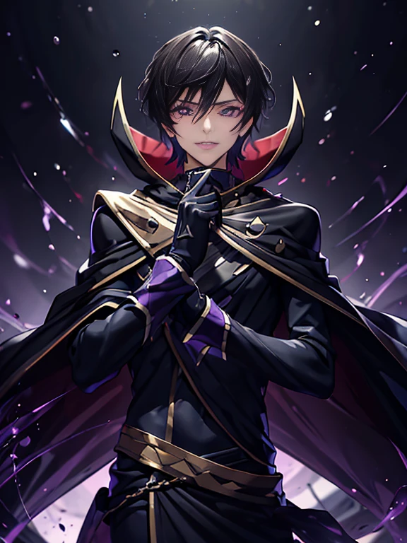 negro and yellow costume,negro capa,capa, link of the chain_cerca, abrigo,guantes,
Lelouch_Lamperouge,joyas,Pedras preciosas,
negro_cabello,purple_Eyes,pendientes,Short cabello, purple light in their eyes ,
1 hombre, 20 years,del hombre,Hermoso dedoHermoso cuerpo,hermosa nariz,Beautiful character design, ojos perfectos, cara perfecta,
mirando al espectador,enojado, 
SFW,arte oficial,Fondo de pantalla CG Unity 8k altamente detallado, Perfect Encendiendo,vistoso, brillante_Frente_rostro_Encendiendo,
(mesa:1.0),(mejor_calidad:1.0), super high resolution,4k,ultra detallado,destello de lente, una sonrisa