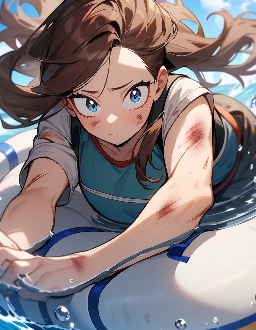 One girl, female focus (brown hair, blue eyes, long hair), boku no hero academia, Injury, float, masterpiece, highest quality, so beautiful, Absurd