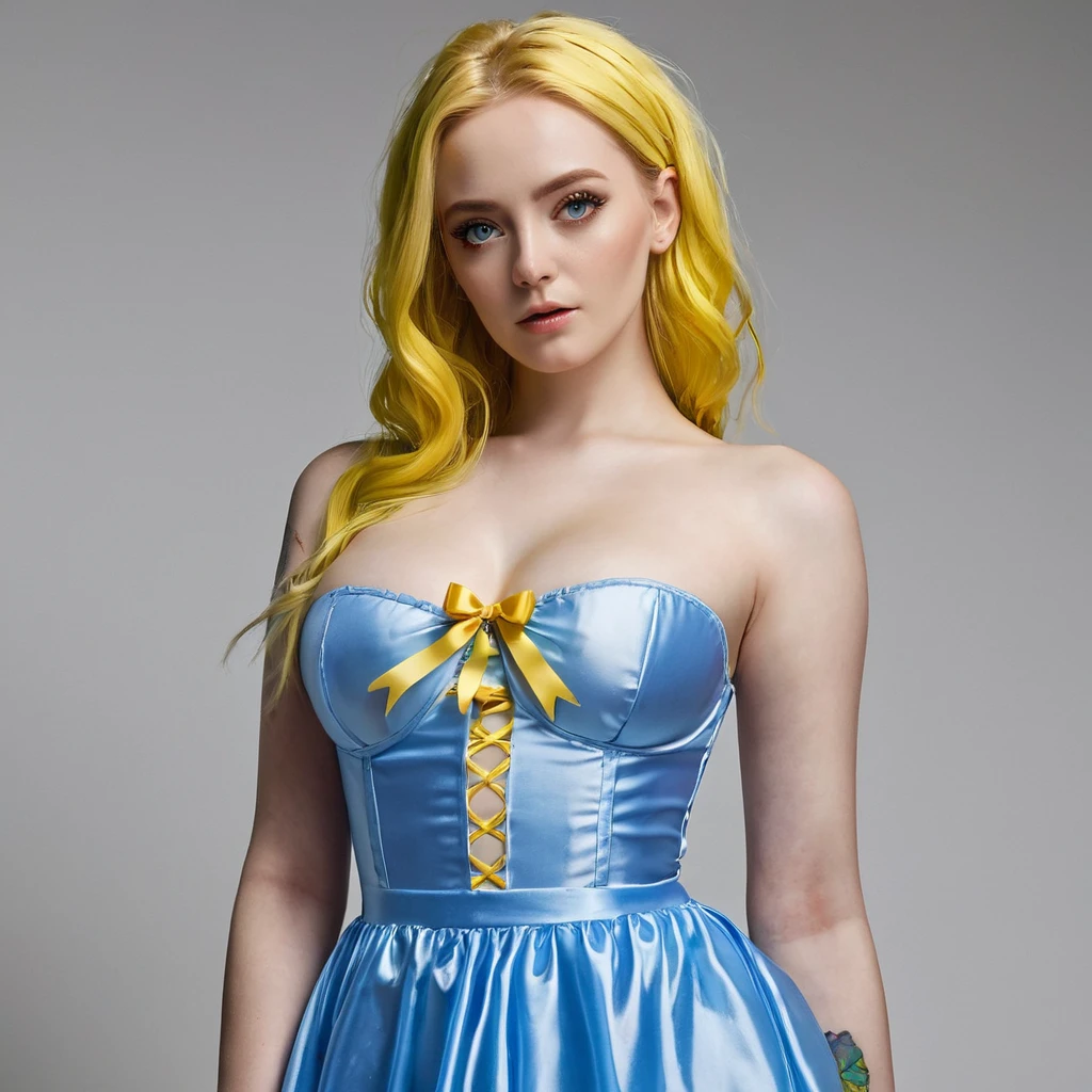 (finely detailed beautiful eyes and detailed zombie face,masterpiece sidelighting,masterpiece,best quality,detailed,high resolution illustration),, (depraved topless girl,whole body,sundress,lustrous skin,looking down,looking at viewer),, (yellow hair,blue eyes,ribbon, sheer clothes), (clothed_underbust:1.2),underboob