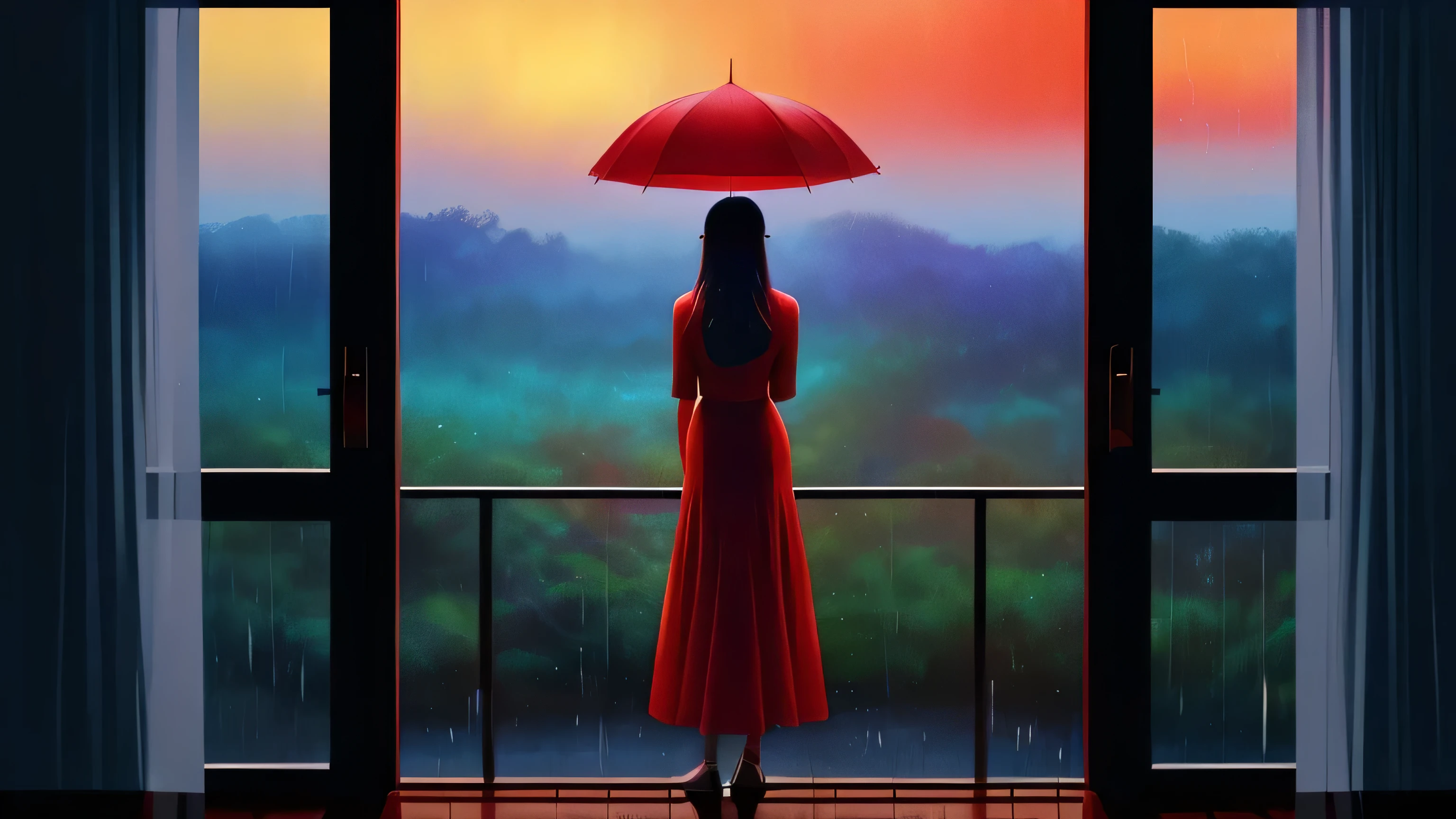 a woman standing in front of a window, looking out window, hand holding umbrella, wearing a red dress, junglescape background, wearing headphones, a digital painting inspired by Alena Aenami, pixiv, realism, rainy night. digital illustration, blurred and dreamy illustration, blues, blurry and dreamy illustration, artistic. lo-fi illustration style, sunset, raining