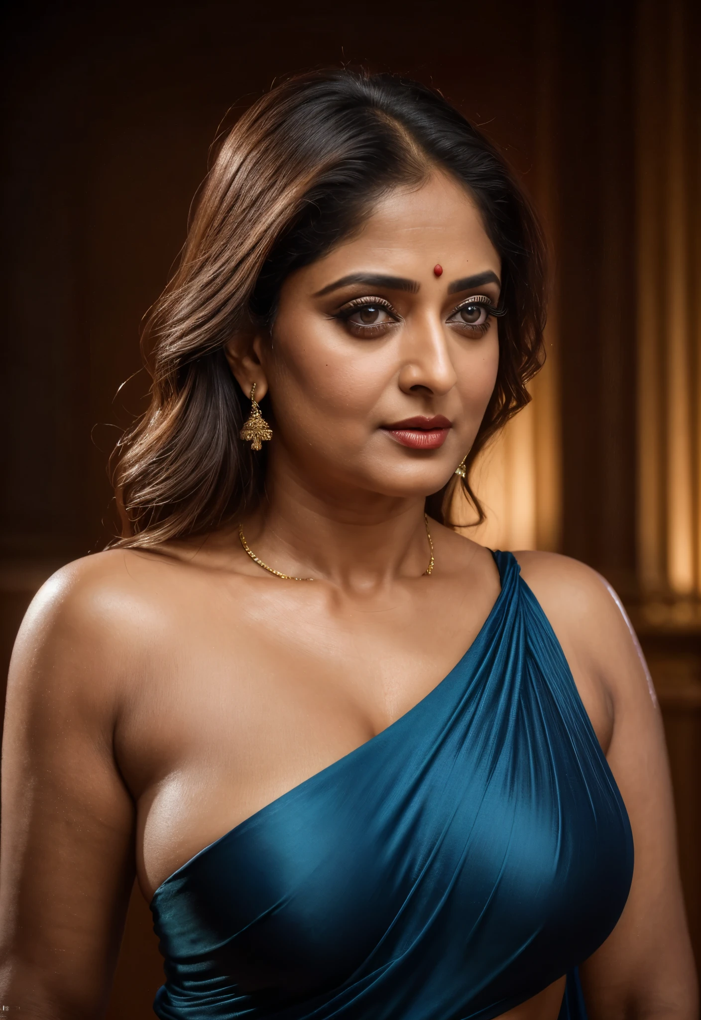 50yo mature MILF Anushka Shetty,((best quality)), ((masterpiece)), ((realistic)), eye kajal, mascara, red lips, sensual Beauty, provoking body, extreme sweat, sweat soaked skin, slight stretch marks, alluring figure, bulging figure, thick charming lady, curvy, thick navel, full figured woman, eye kajal, massive breast, full body, styled hair, pierced eyes, female face,royal aura, trend on artstation , sharp focus, studio photo, intricate detail, very detailed, detailed eye, illustration, very detailed, sharp focus, digital render, professional, 4k