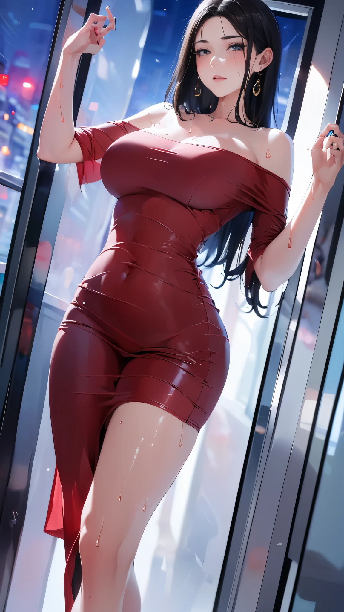 (8k, RAW photo、highest quality、masterpiece:1.2), Masterpiece, best quality, high resolution, very detailed, detailed background, 1 girl, looking at the audience, standing on the subway, inside the train, posing pose,  off-the-shoulder dress, skirt, transparent, happy, (steam),((sweat))、The temptress、invite to lewdness、(night:1.6)