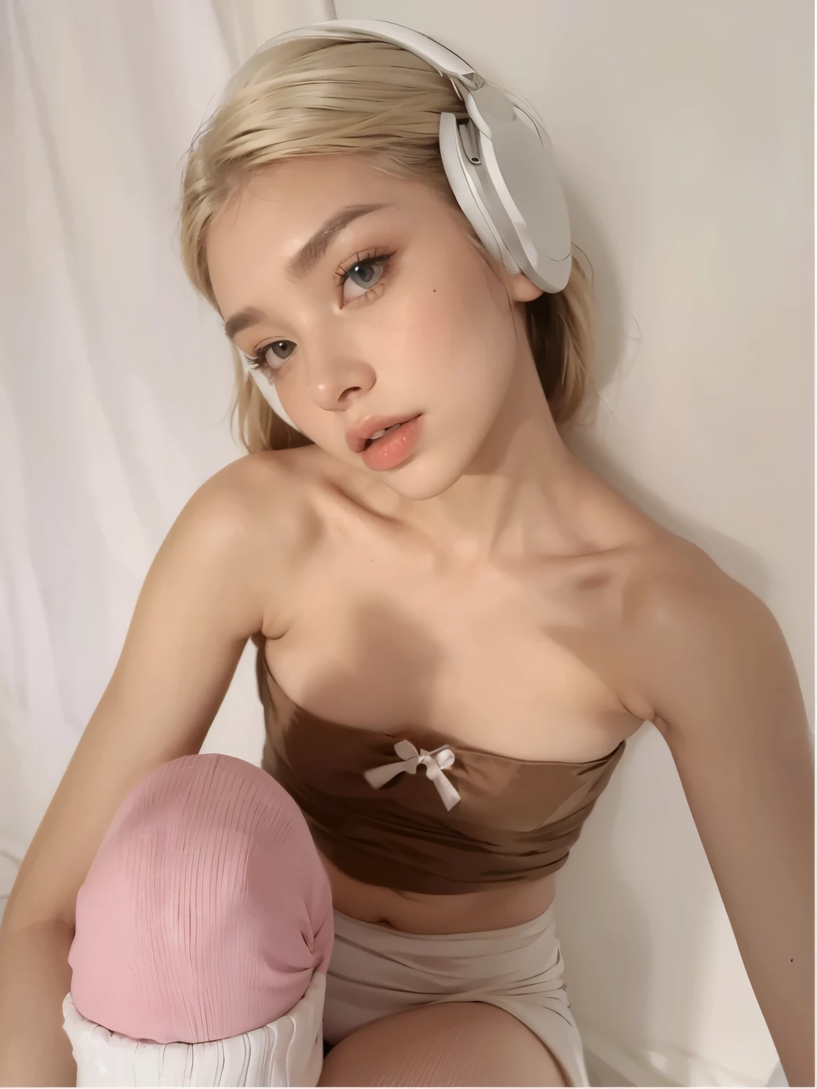 there is a blonde woman con auriculares on sitting on a bed, con auriculares, con auriculares, Cindy Avelino, , hermosa poarch, resplandeciente, Violeta Myers, piel brillante, Retrato Sophie Mudd, Bralette, usar sujetador, Modelo de Instagram, con una diadema rosa, Vibraciones suaves, 18 years old, Usar auriculares, Imagen filtrada, busto