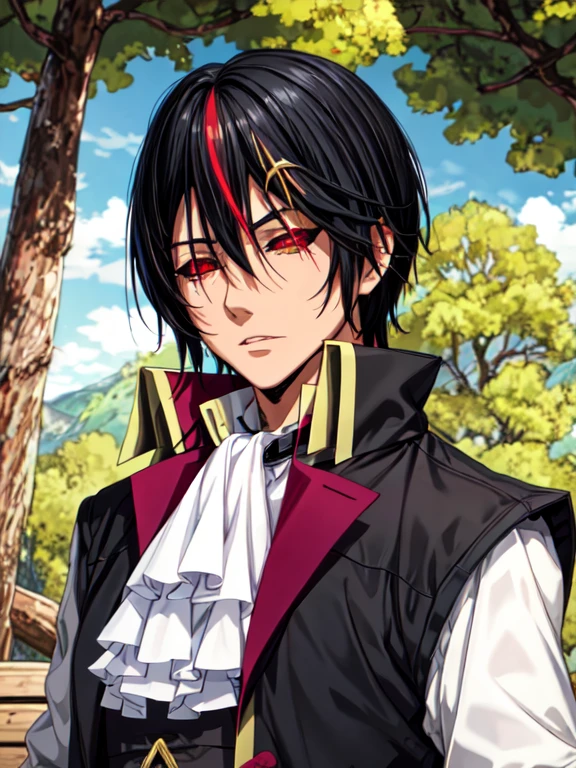 obra maestra, mejor calidad, ILLUSTRATION, 1 chico, solo, enfoque masculino, mirando al espectador, parte superior del cuerpo, profundidad de campo, diablo_Tensei_Shitara, pelo negro, ojos amarillos, multicolocabello rojo, pelo rayado, cabello rojo, colored sclera, black sclera, disfraz de madera, atompunk, High Definition