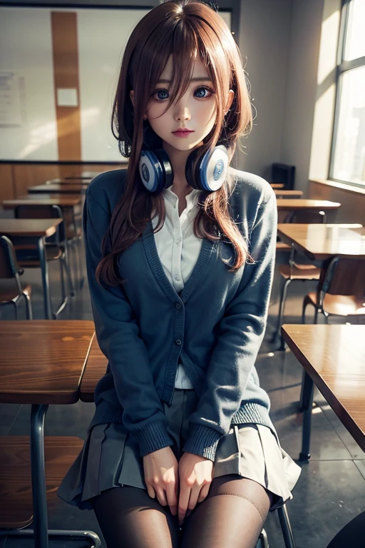 mikunakano, miku nakano, long hair, bangs, blue eyes, brown hair, shirt, hair between eyes, headphones, cardigan, headphones around neck,
BREAK skirt, shirt, long sleeves, white shirt, pantyhose, pleated skirt, black pantyhose, cardigan, green skirt, blue cardigan,
BREAK indoors, classroom,
BREAK looking at viewer, BREAK (masterpiece:1.2), best quality, high resolution, unity 8k wallpaper, (illustration:0.8), (beautiful detailed eyes:1.6), extremely detailed face, perfect lighting, extremely detailed CG, (perfect hands, perfect anatomy),