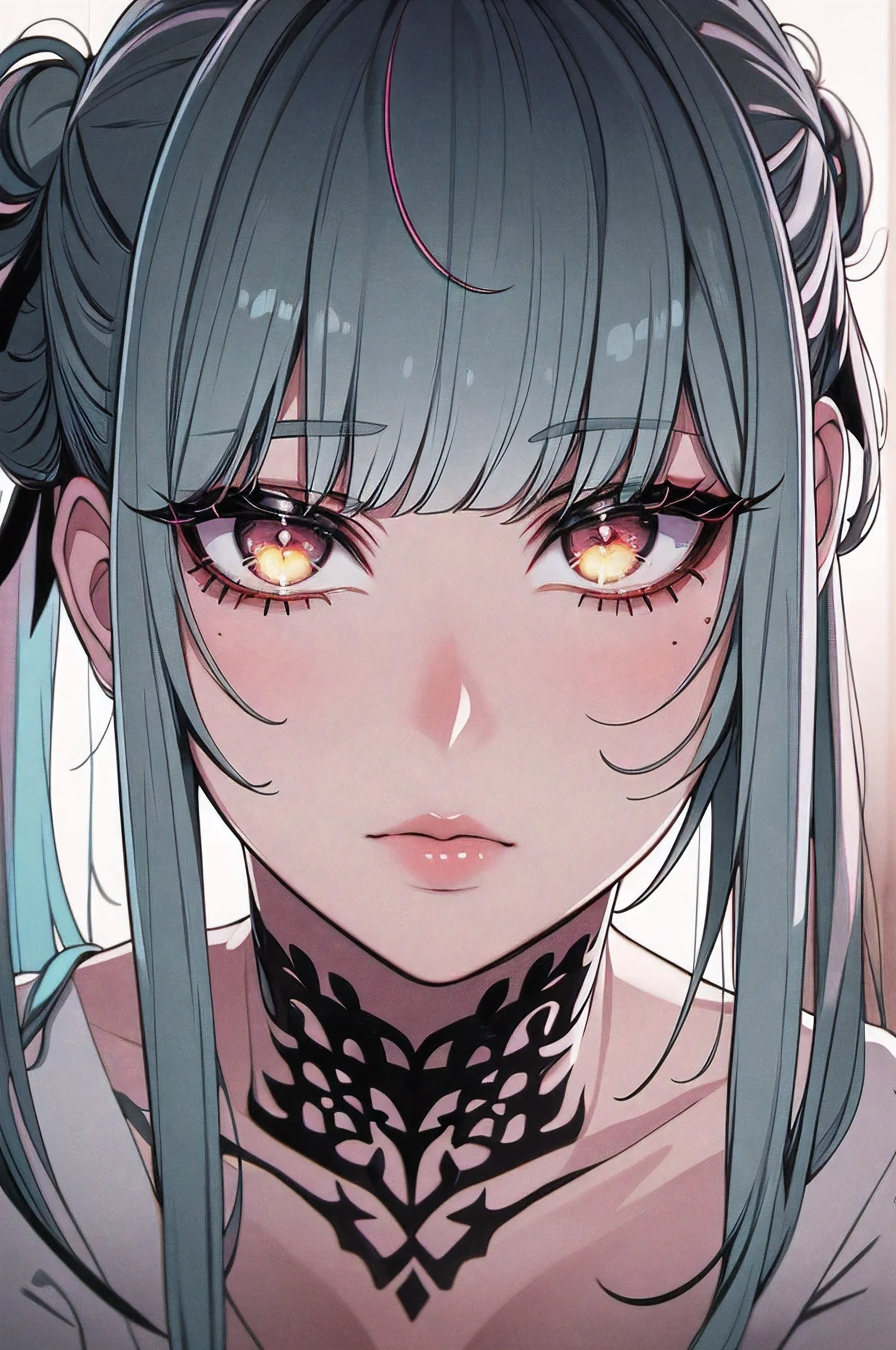 ((masterpiece)), ((ultra-detailed)), ((best quality)), ((intricate details)), ((chromatic aberration)), 1girl, hair bun, blunt bangs, makeup, black eyeliner, eyelashes, looking at viewer, pastel hair, breasts, (two-tone hair:1.2), expressionless,