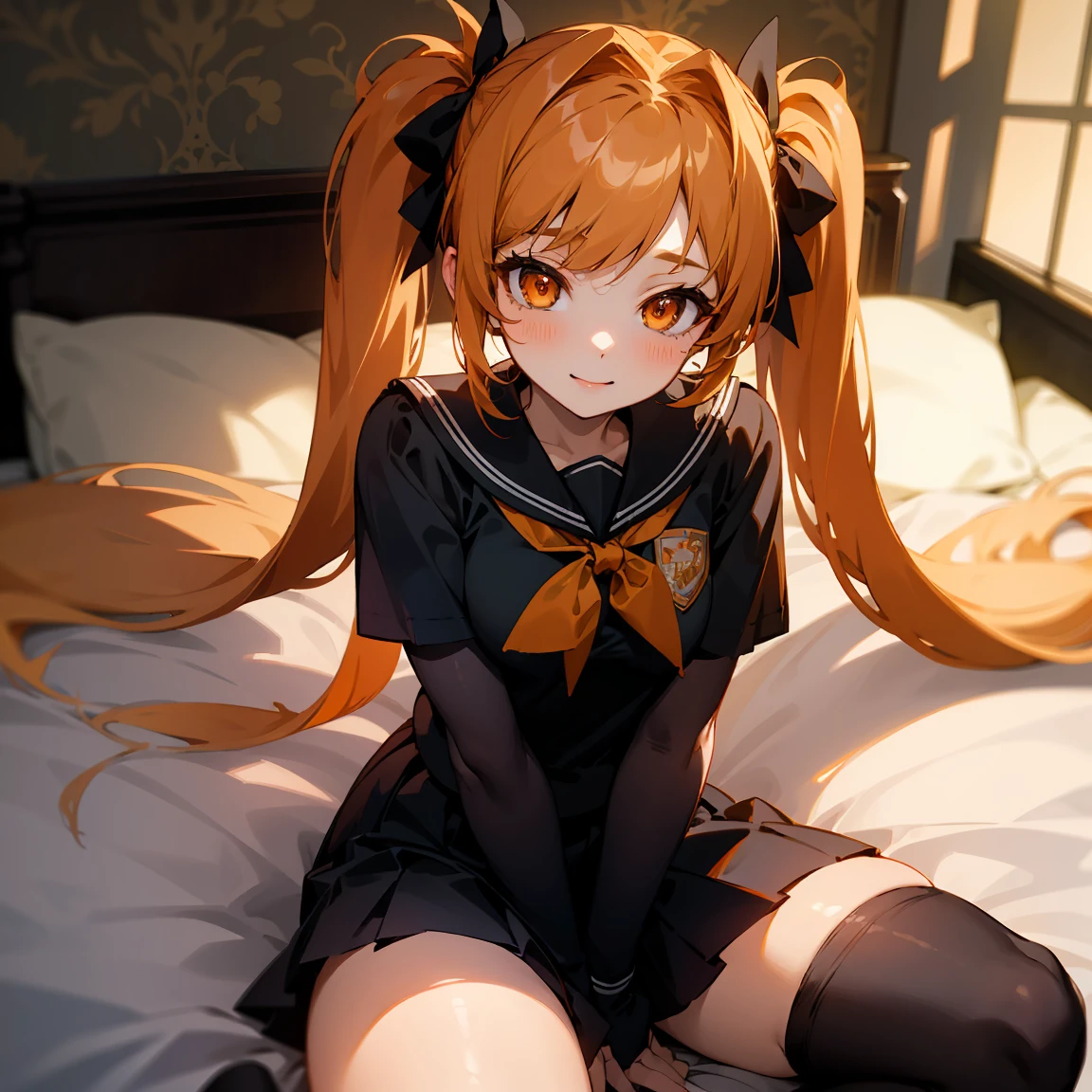 1 adult, masterpiece, best quality, girl, beautiful, fine features, looks at viewer, light from above, black seifuku, black stockings, in her room, ((looks friendly)), ((very pretty)), very pale orange hair, orange eyes, 2 very long pigtails, thick thighs, lying on bed, beautiful body, goddess, sexy
