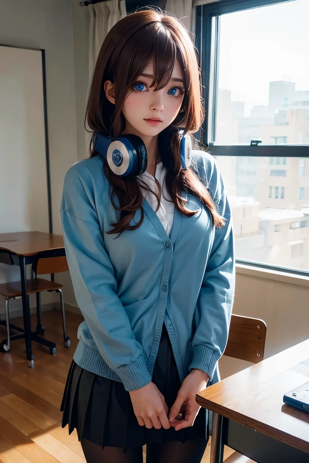 mikunakano, miku nakano, long hair, bangs, blue eyes, brown hair, shirt, hair between eyes, headphones, cardigan, headphones around neck,
BREAK skirt, shirt, long sleeves, white shirt, pantyhose, pleated skirt, black pantyhose, cardigan, green skirt, blue cardigan,
BREAK indoors, classroom,
BREAK looking at viewer, BREAK (masterpiece:1.2), best quality, high resolution, unity 8k wallpaper, (illustration:0.8), (beautiful detailed eyes:1.6), extremely detailed face, perfect lighting, extremely detailed CG, (perfect hands, perfect anatomy),