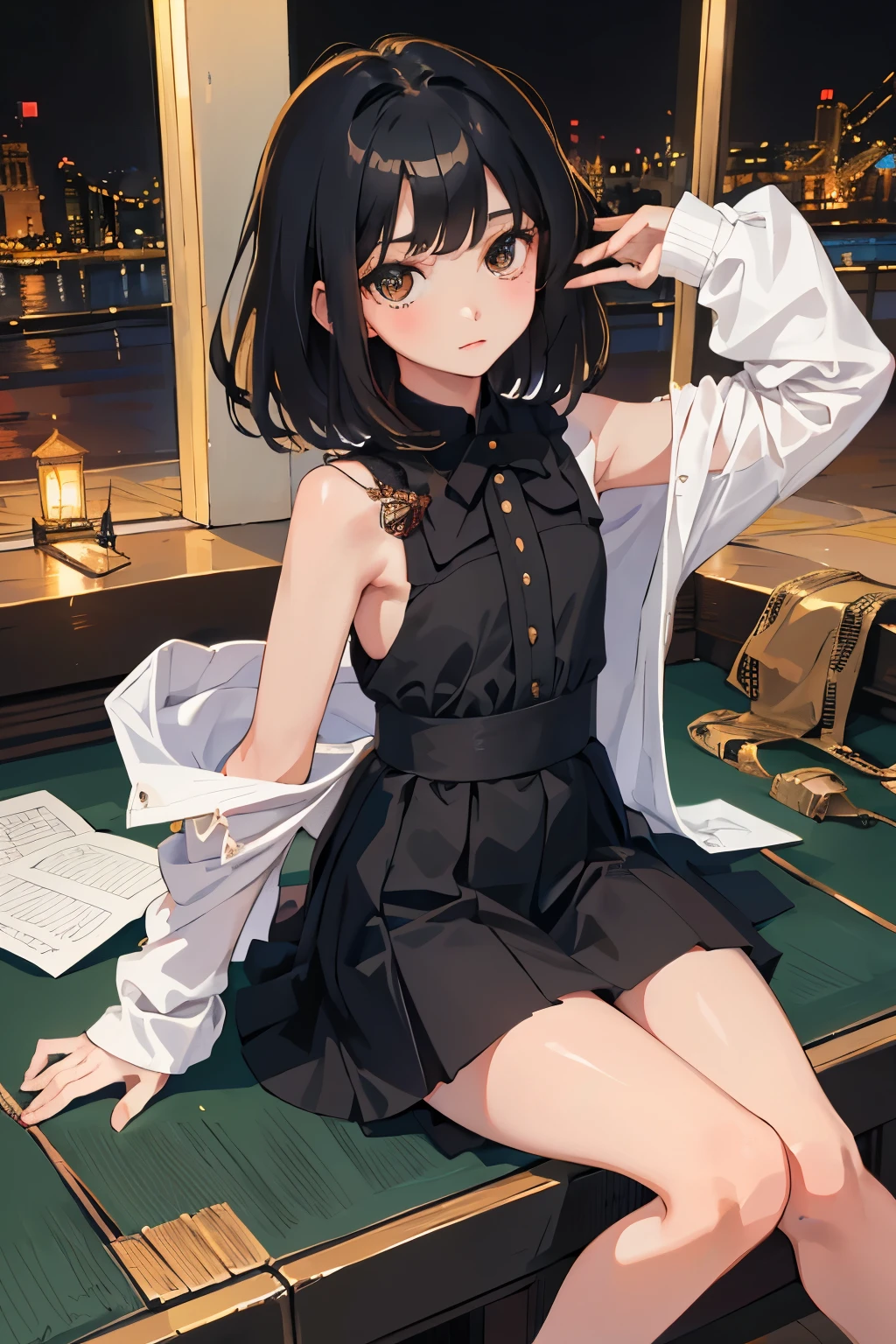 (),highest quality,Beautiful face in every detail,cute,Dark brown eyes,(背の低いcute女の子,Smallg student,Yoicate girl),(masterpiece,Top quality),Black Hair,Sleepy expression,Sleeveless,(White mini skirt),Crouching