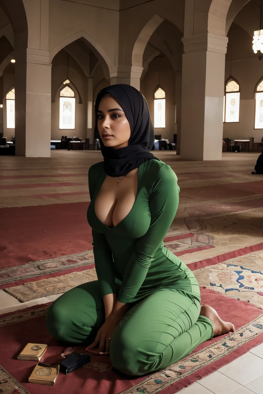 a beautiful Pakistani woman, fair skin, wearing a hijab, a tight dress, with a little cleavage, photo realistic, praying in a mosque 
