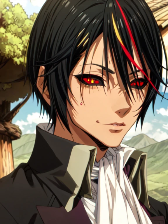 obra maestra, mejor calidad, ILLUSTRATION, 1 chico, solo, enfoque masculino, mirando al espectador, parte superior del cuerpo, profundidad de campo, diablo_Tensei_Shitara, pelo negro, ojos amarillos, multicolocabello rojo, pelo rayado, cabello rojo, colored sclera, black sclera, disfraz de madera, atompunk, High Definition