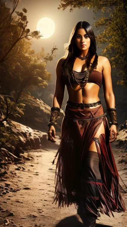 8k ultra realistic photography of a Native American woman with long legs and a sporty figure, Native American woman wearing a short-sleeved shirt with a leather corsage and a lace Long Maxi skirt and fishnet stockings and high heels boots, Native American woman has a crazy braided hairstyle, Native American woman stands forward in a moving full body pose a fantasy tree, photo background at night with moonlight