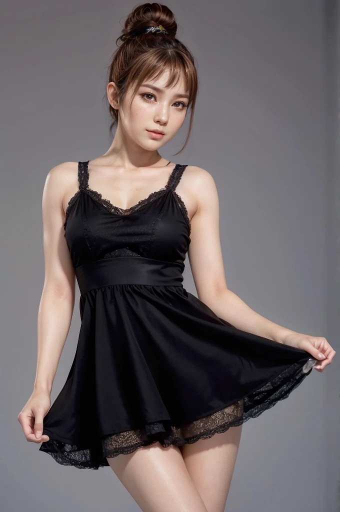 Kasumi, brown eyes, (best quality, ultra-detailed), (realistic:1.37), beautiful and detailed face, ultra-realistic texture, delicate face, delicate body, red lipstick, bright colors. High definition, 8K, well defined legs