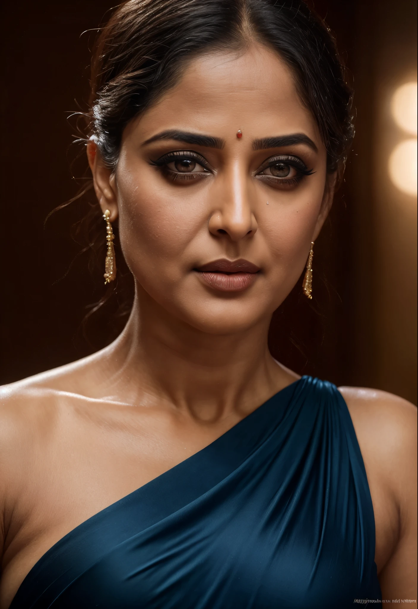 50yo mature MILF Anushka Shetty,((best quality)), ((masterpiece)), ((realistic)), eye kajal, mascara, red lips, sensual Beauty, provoking body, extreme sweat, sweat soaked skin, slight stretch marks, alluring figure, bulging figure, thick charming lady, curvy, thick navel, full figured woman, eye kajal, massive breast, full body, styled hair, pierced eyes, female face,royal aura, trend on artstation , sharp focus, studio photo, intricate detail, very detailed, detailed eye, illustration, very detailed, sharp focus, digital render, professional, 4k