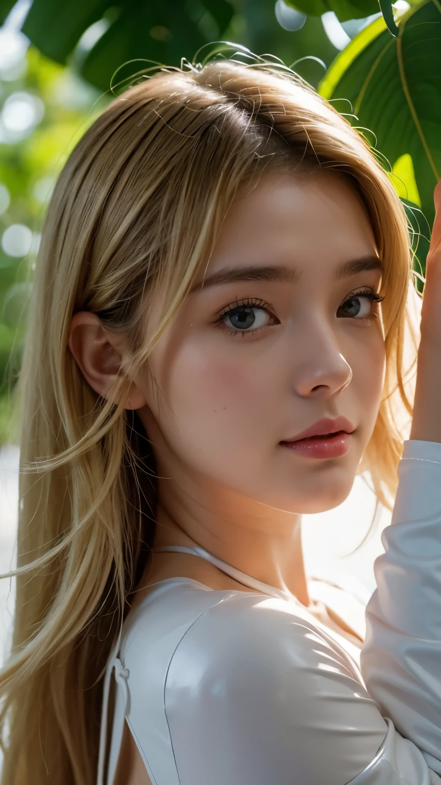 Strong light, Strong contrast, In an open-roofed cave、Sunlight shines through green moss and ferns。, And open( Ocean View:1.1) end, Cel-shaded rendering, 4K, 360 degrees, Equirectangular projection, what, One Girl, 30-year-old woman、Beautiful woman、Long Blonde Hair、White Latex Leotard、White long boots、White arm covers、masterpiece, 最high quality, high quality, High resolution, (((Face close-up)))、、Cleavage