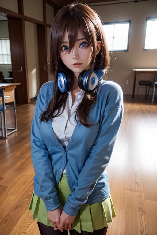 mikunakano, miku nakano, long hair, bangs, blue eyes, brown hair, shirt, hair between eyes, headphones, cardigan, headphones around neck,
BREAK skirt, shirt, long sleeves, white shirt, pantyhose, pleated skirt, black pantyhose, cardigan, green skirt, blue cardigan,
BREAK indoors, classroom,
BREAK looking at viewer, BREAK (masterpiece:1.2), best quality, high resolution, unity 8k wallpaper, (illustration:0.8), (beautiful detailed eyes:1.6), extremely detailed face, perfect lighting, extremely detailed CG, (perfect hands, perfect anatomy),