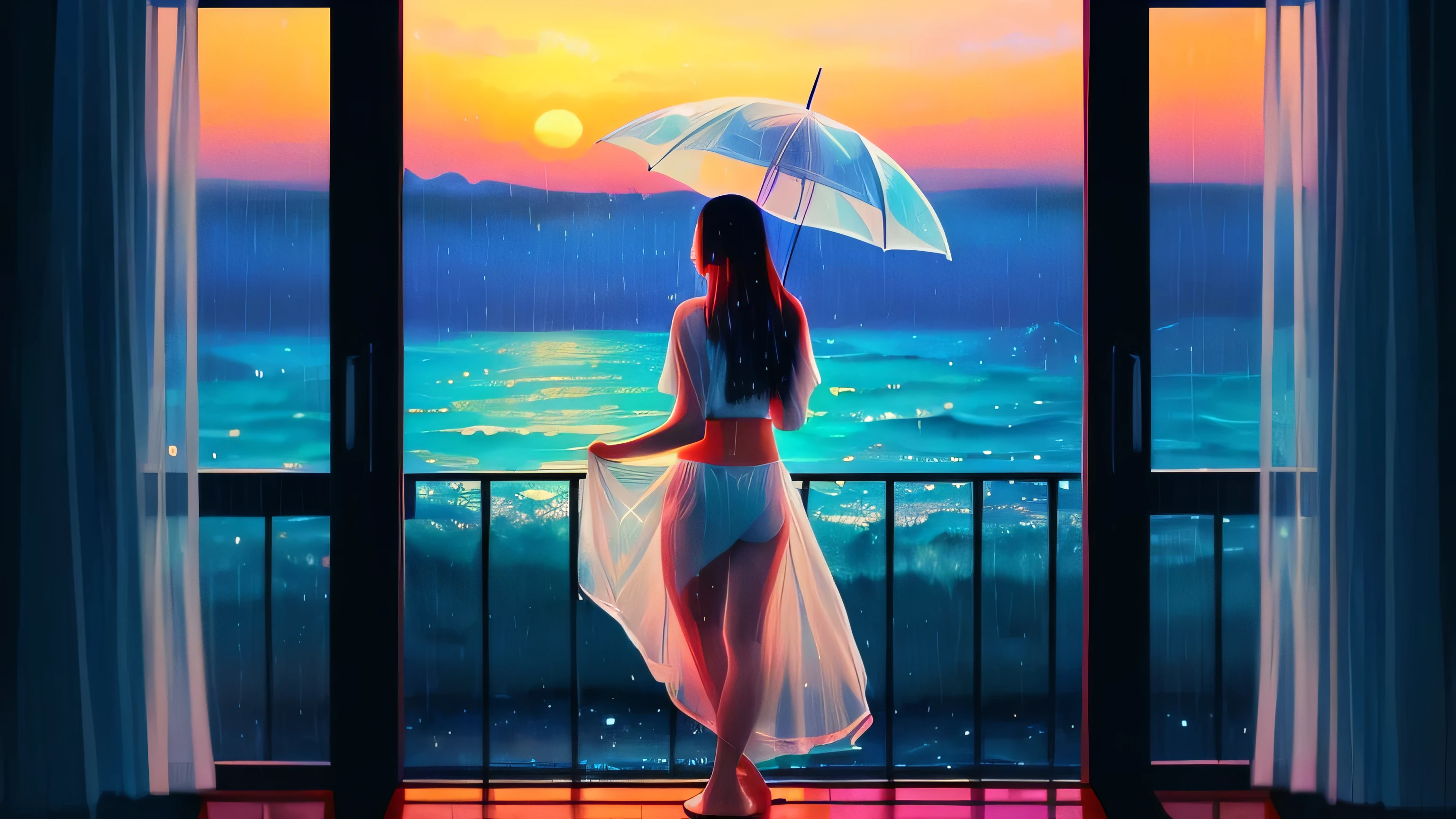 a woman standing in front of a window, looking out window, hand holding umbrella, wearing a white bikini, seaside background, wearing headphones, a digital painting inspired by Alena Aenami, pixiv, realism, rainy night. digital illustration, blurred and dreamy illustration, blues, blurry and dreamy illustration, artistic. lo-fi illustration style, sunset, raining