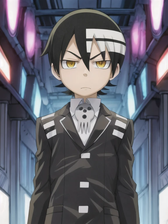 masterpiece, best quality, , 1boy, solo, male focus, looking at viewer, upper body, , , , death_the_kid_soul_eater, black hair, yellow eyes, two-tone hair, white hair, , science fiction cyberpunk, 16k resolution