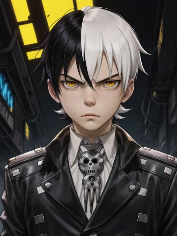 masterpiece, best quality, , 1boy, solo, male focus, looking at viewer, upper body, , , , death_the_kid_soul_eater, black hair, yellow eyes, two-tone hair, white hair, , science fiction cyberpunk, 16k resolution