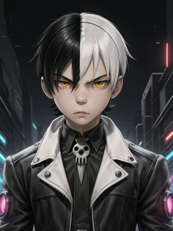 masterpiece, best quality, , 1boy, solo, male focus, looking at viewer, upper body, , , , death_the_kid_soul_eater, black hair, yellow eyes, two-tone hair, white hair, , science fiction cyberpunk, 16k resolution