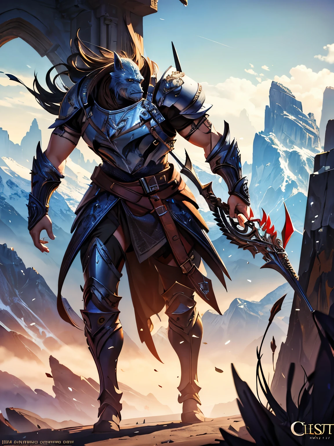 a white orc with a crossbow in bouth hand,quiver on back,leather armor,now-capped mountains in background,clear eyes, looking towards camera,no tusks,(best quality,4k,8k,highres,masterpiece:1.2),ultra-detailed,(realistic,photorealistic,photo-realistic:1.37),stunning landscape,dramatic lighting,cinematic composition,intricate details,fantasy,digital painting,only two Leggs,Head towards camera,one Weapon,Cheast Armor