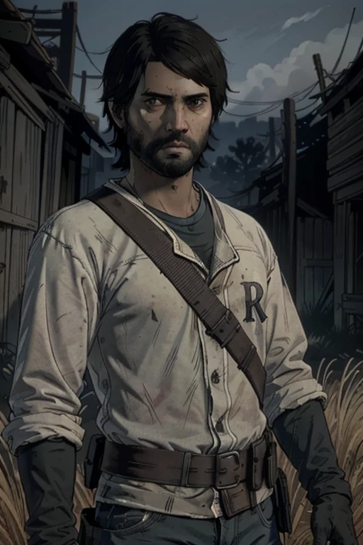 (masterpiece, best quality)
1boy, JavierTWD, male focus, solo, facial hair, black hair, beard, full body shot, layered sleeves, gloves, short over long sleeves, upper body, shirt, closed mouth, long sleeves, black eyes, the walking dead style, telltale style, comic book style
