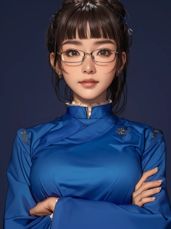 smiling、looking at the camera、Upper Body、Angle from a little below, UHD, accurate, masterpiece, anatomically correct, textured skin, high details, high quality, 8k、a close up of a woman Wearing glasses and a blue top, Wearing glasses, Japanese Goddess, Wearing glasses on, Gorgeous Rotating Girl, Surreal , Wearing square glasses, Japanese Girls, Gorgeous female jade tailor, With glasses、Jujutsu Raid