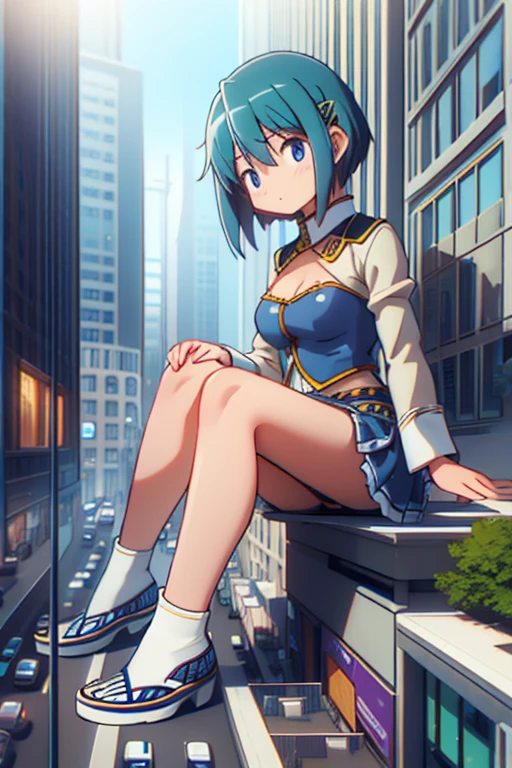 Una sayaka miki de 50mts, con la ciudad a sus sus pies, usa tacones celestes altos, She is sitting on top of a building looking down at the small city.