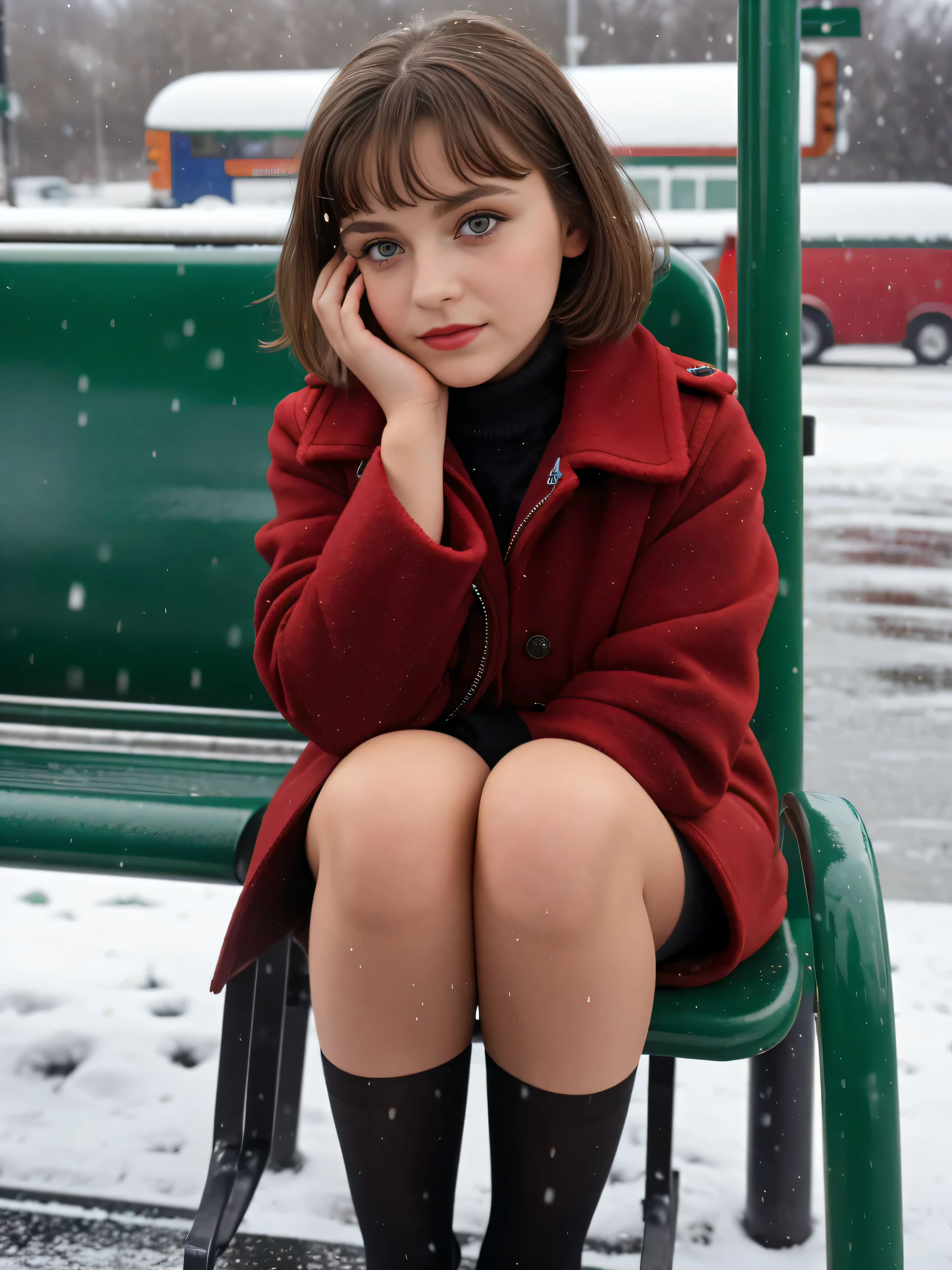 (((close up high definition))) beautiful 10 year old Bosnian girl, green eyes, red lipstick, facing the viewer, short dark brown hair, sitting at the bus stop, raining, winter coat, snowing, perfect makeup, poverty theme, full body theme, short skirt, pantyhose
