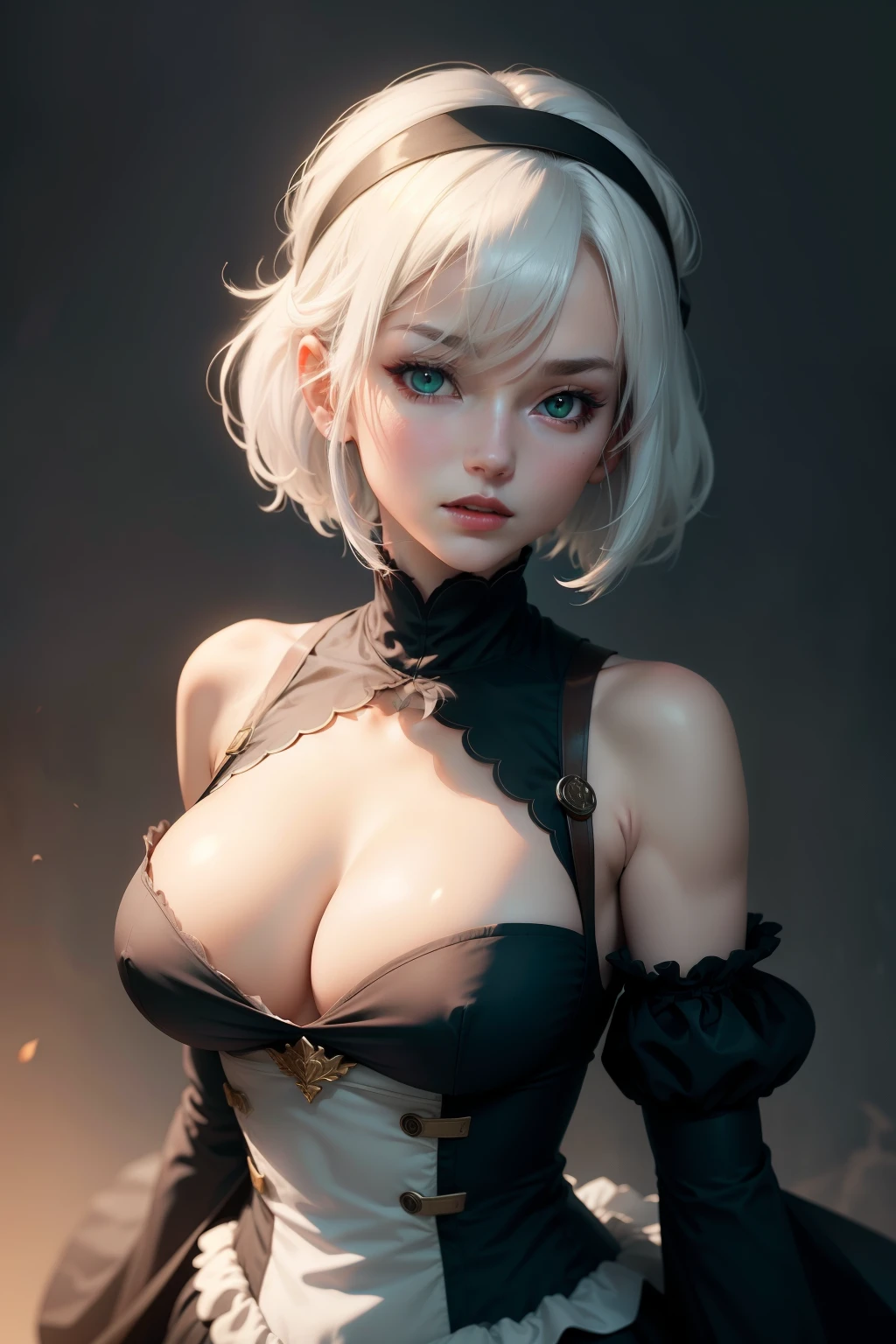 Yora no. 2 Type B, 1girl, WLOP, (headband), breasts, cleavage, cleavage cutout, clothing cutout, green background, hair between eyes, hair band, high resolution, Juliette sleeves, long sleeves, deny (Series), deny automata, puff sleeves, red lips, ombre face, short hair, only, turtleneck, upper body, white hair, sky