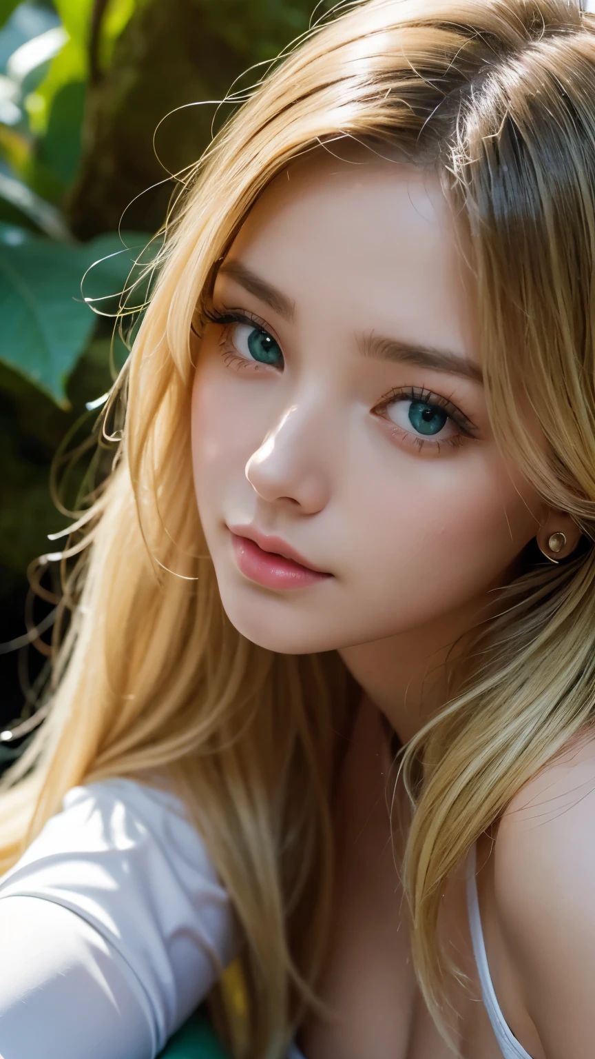 Strong light, Strong contrast, In an open-roofed cave、Sunlight shines through green moss and ferns。, And open( Ocean View:1.1) end, Cel-shaded rendering, 4K, 360 degrees, Equirectangular projection, what, One Girl, 30-year-old woman、Beautiful woman、Long Blonde Hair、White Latex Leotard、White long boots、White arm covers、masterpiece, 最high quality, high quality, High resolution, (((Face close-up)))、、Cleavage