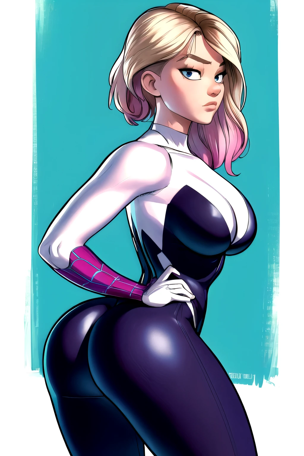 (masterpiece, top quality, best quality, official art, beautiful and aesthetic:1.2),highly detailed face,1girl,gwen_stacy, (portrait:1.3),spider-gwen suit , bodysuit ,thick wiast,big ass, superhero,(extremely detailed,highres, highest detailed,8k,absurdres,CG),happy,full body pose,cowboy shot,grab breast