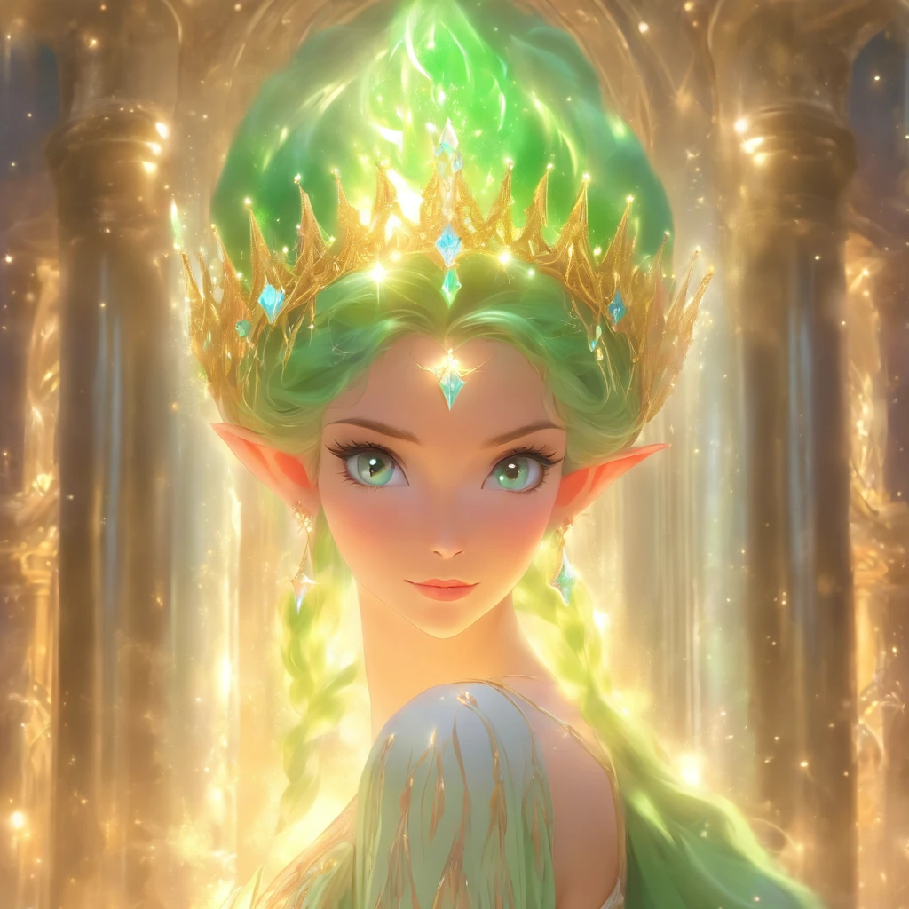 Elf, green hair, Victorian hairstyle, luxury crown, victorian dress, in a ballroom, with beautiful columns and a shiny chandelier, Unearthly красота, Galadriel, beautiful painting in fantasy style., inspired by Nene Thomas, Unearthly сказка, inspired by Edward Robert Hughes, fantastic oil painting., Unearthly!!!!!!, Unearthly!!!, Fascinated by the spirit of nature, unearthly fantasy