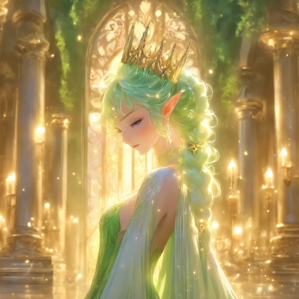 Elf, green hair, Victorian hairstyle, luxury crown, victorian dress, in a ballroom, with beautiful columns and a shiny chandelier, Unearthly красота, Galadriel, beautiful painting in fantasy style., inspired by Nene Thomas, Unearthly сказка, inspired by Edward Robert Hughes, fantastic oil painting., Unearthly!!!!!!, Unearthly!!!, Fascinated by the spirit of nature, unearthly fantasy