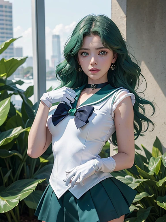 Masterpiece, 4k, super detailed, close-up, 1 girl, sailor Neptune, aqua blue eyes, dark green hair, medium hair, (sailor senshi uniform:1.1), pleading skirt, bow, dynamic pose, best quality, masterpiece, high resolution, intricate detail, (realistic)), photography, earrings, jewelry, white gloves, medium breasts, full body, white gloves, sailor collar