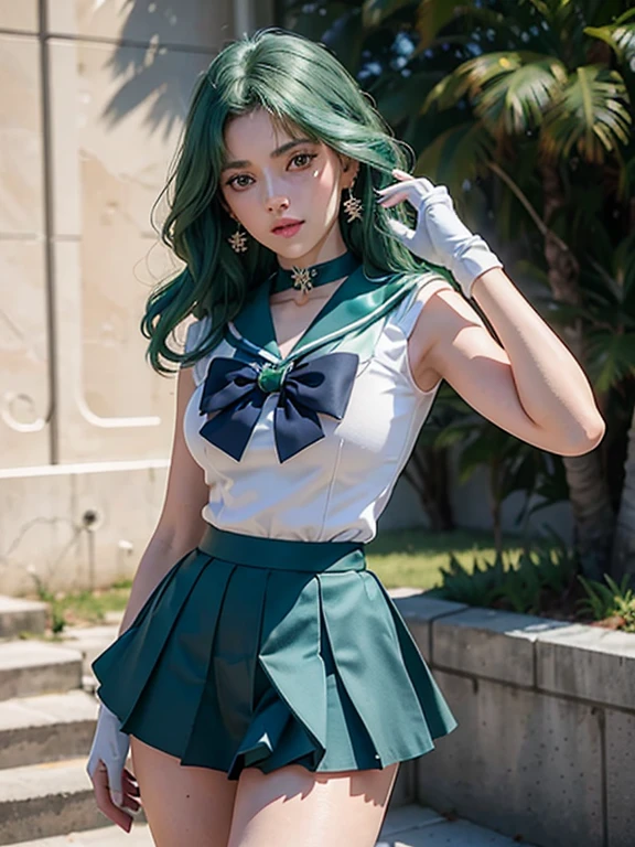 Masterpiece, 4k, super detailed, close-up, 1 girl, sailor Neptune, aqua blue eyes, dark green hair, medium hair, (sailor senshi uniform:1.1), pleading skirt, bow, dynamic pose, best quality, masterpiece, high resolution, intricate detail, (realistic)), photography, earrings, jewelry, white gloves, medium breasts, full body, white gloves, sailor collar