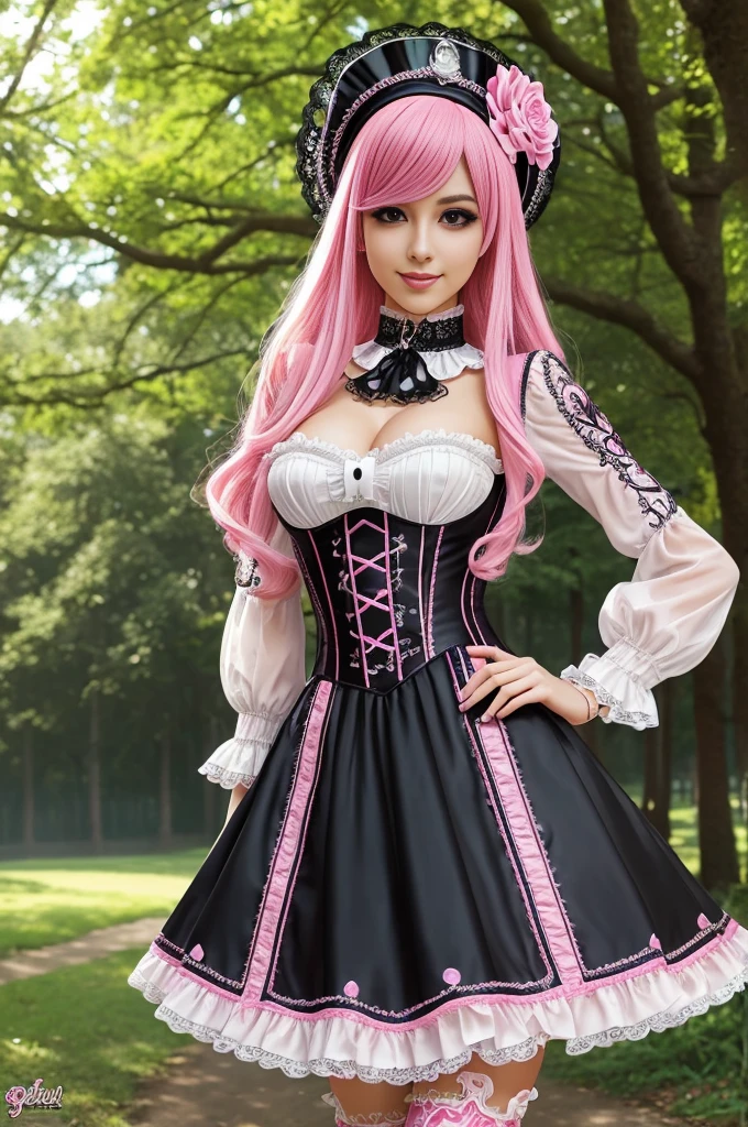 sexy stylish Swedish model, only 1 female, long neon pink stylish hair, ultra detailed Victorian-Style boots, beautiful smile, ultra detailed eyes, vivid eye makeup, lipgloss, long lashes, defined eyebrows, ((sexy Paradise Kiss cosplay)), bell-shaped skirt, petticoats, high neckline, puffed sleeves, (( ultra detailed lace)), ((ultra detailed embroidery)), intricate details, Paradise Kiss accessoires and matching headpiece, choker, ((large sparkling Paradise Kiss jewelry)), cinematic light, detailed large park background with trees