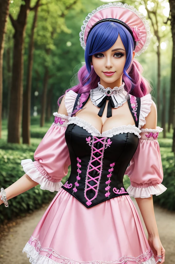 1girl, solo, goth, short hair, eyeshadow, mascara, color: spectrum, vivid colors, rainbow hair , bright rainbow hair, perfect eyes, detailed eyes, medium breasts, outdoors, highly detailed, cute, full body view, smile, big breasts, ruffle trim, sleeves