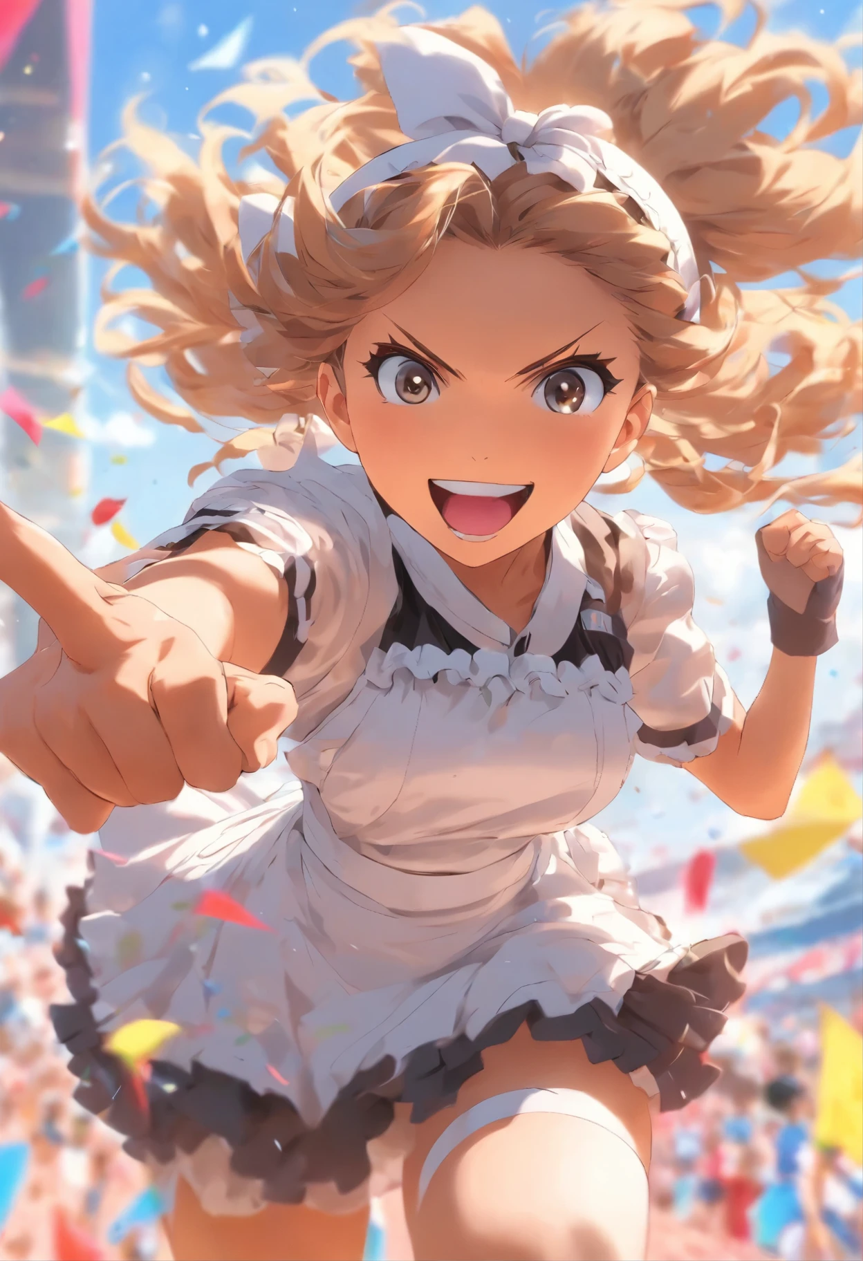 A girl in a maid outfit doing athletics