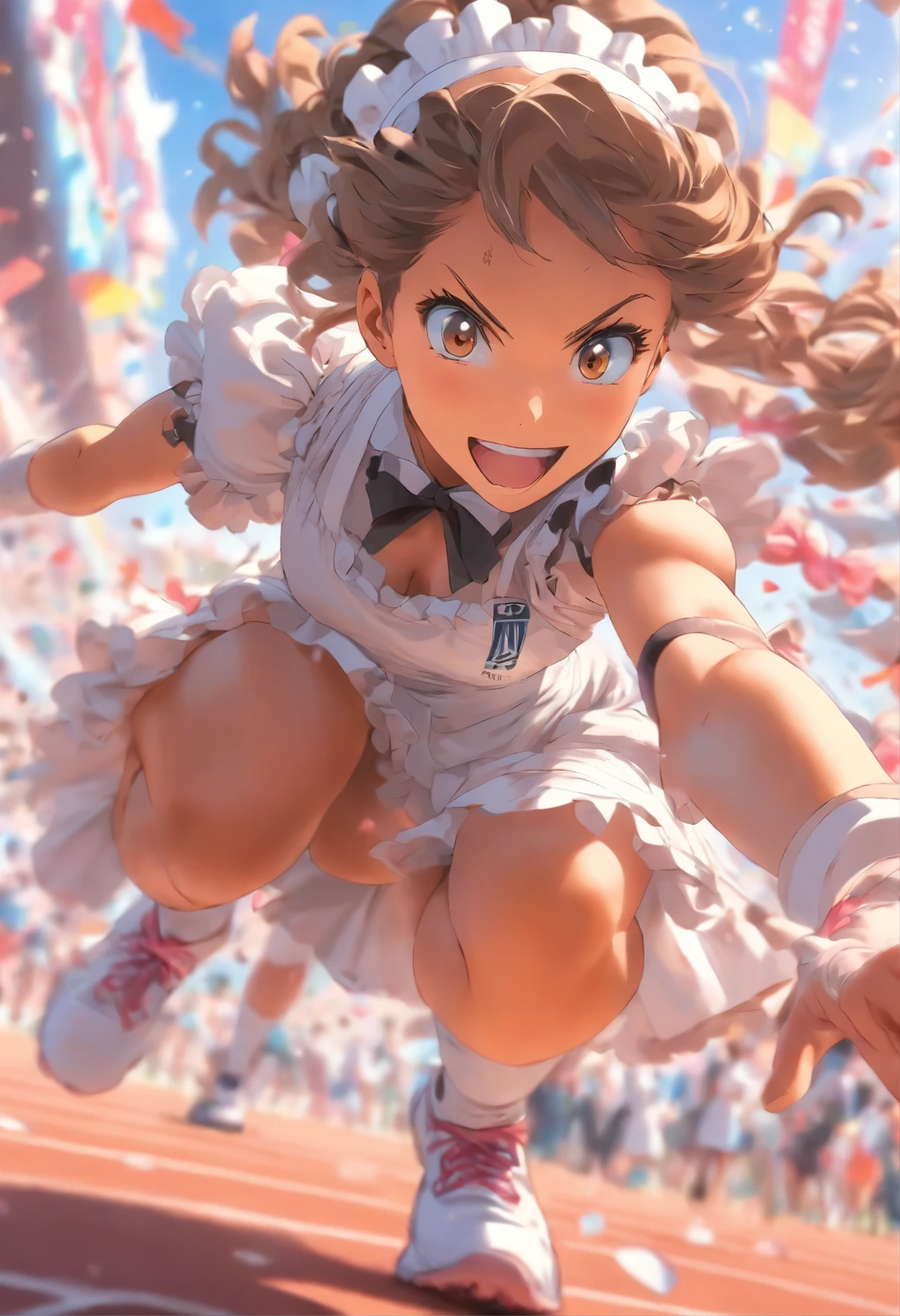 A girl in a maid outfit doing athletics